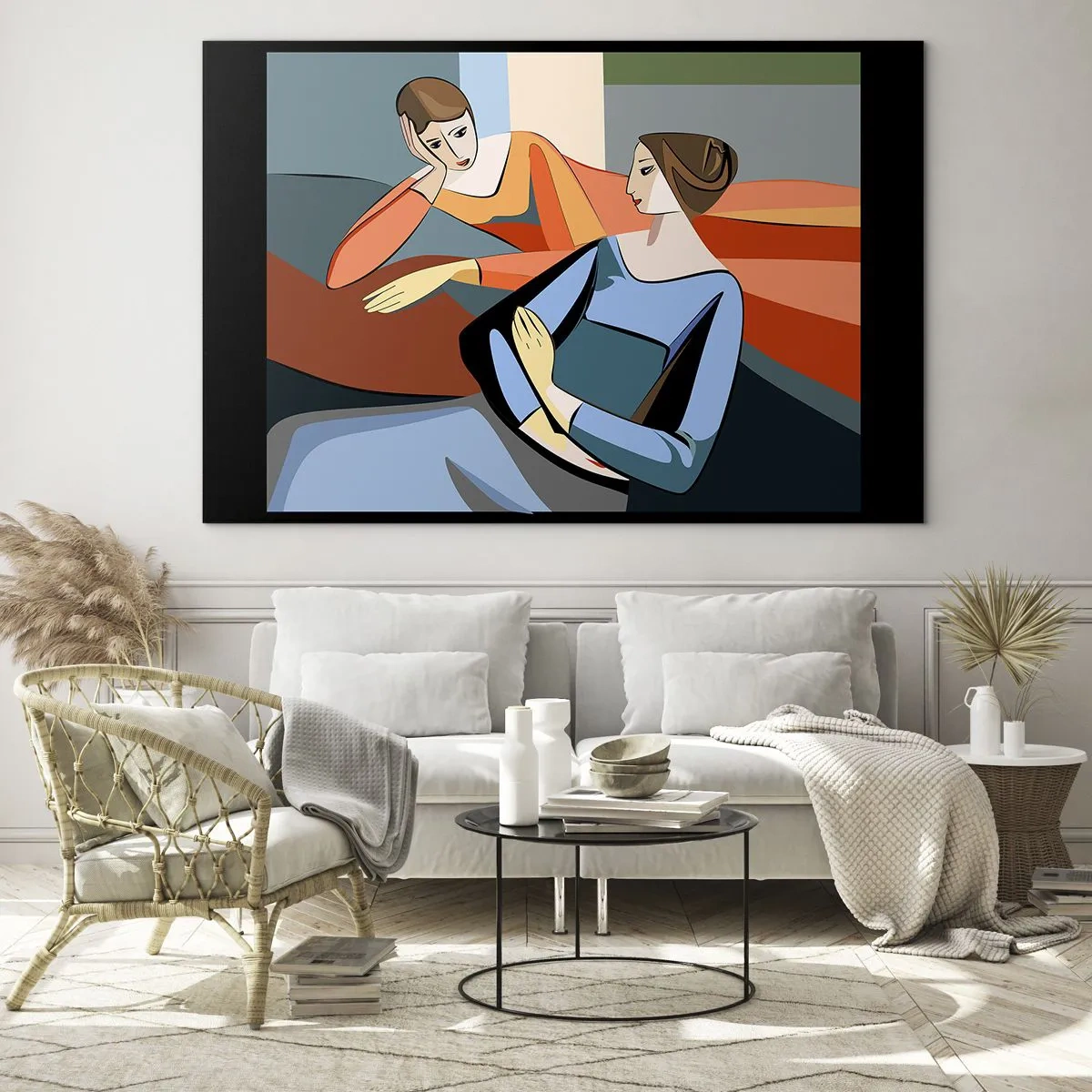Quadro em vidro - Uma cena geométrica de uma conversa entre duas mulheres tendo como pano de fundo um interior. - 70x50cm - Um momento de confiança - Decoração de parede moderna para a sala de estar e quarto ARTTOR