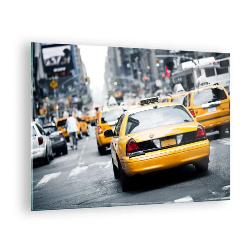 Quadro em vidro - Táxis amarelos nas ruas de Nova York na agitação da cidade - 70x50cm - Apenas nesta cidade - Decoração de parede moderna para a sala de estar e quarto ARTTOR
