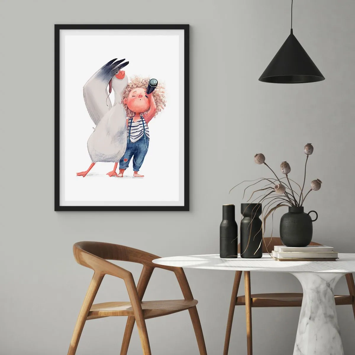 Pôster com moldura preta - Ilustração de uma criança com binóculos e um pássaro a acompanhá-la - 50x70cm - O itinerário da grande viagem - Decoração de parede moderna para a sala de estar e quarto ARTTOR