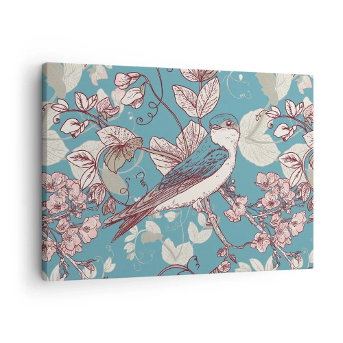 Quadro em tela - Um pássaro em um galho em um delicado estilo floral - 70x50cm - Cantos no choupo-branco - Decoração de parede moderna para a sala de estar e quarto ARTTOR