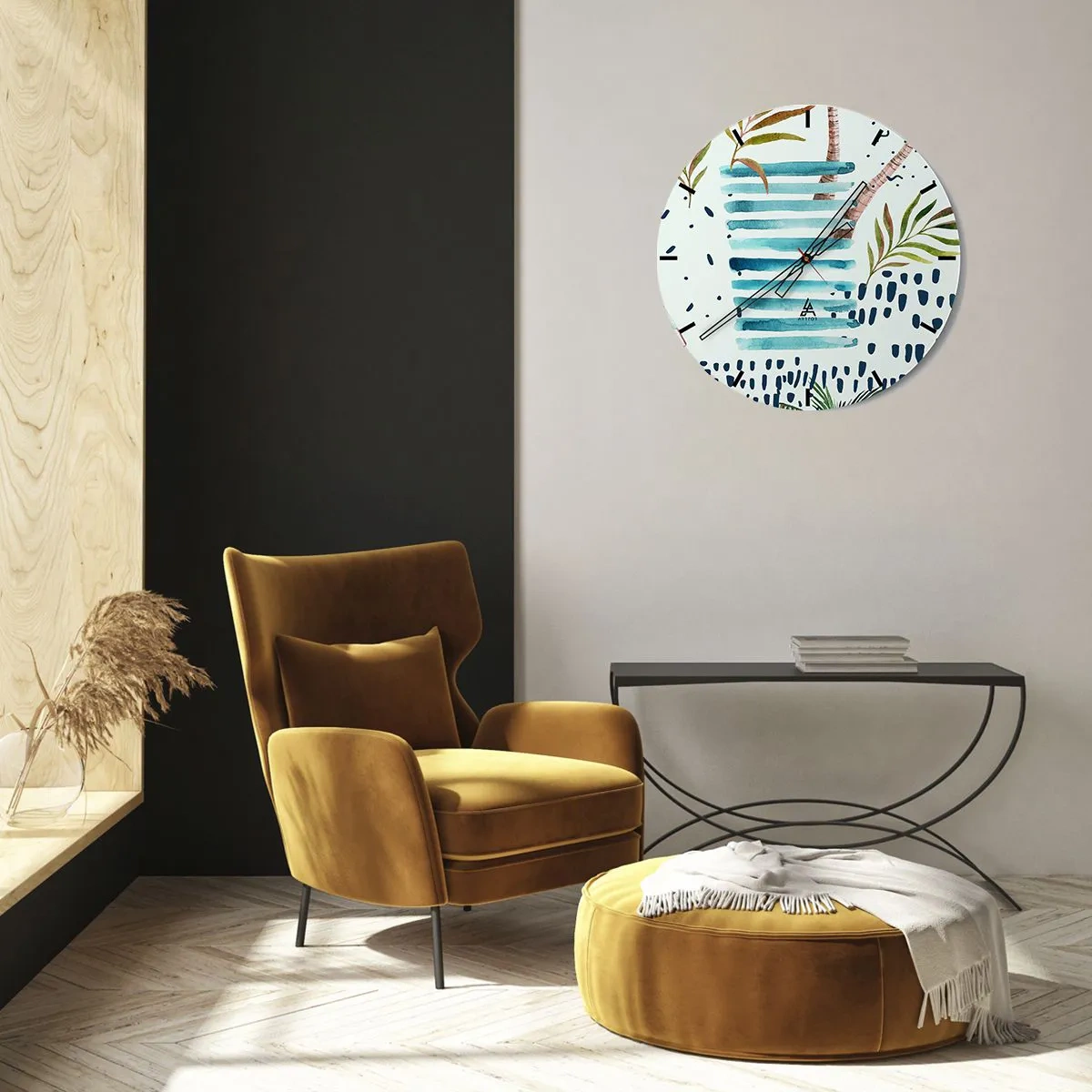 Relógio de parede - Relógio em vidro - Palmeiras abstratas e padrões azuis - 30x30cm - Férias sob as palmeiras - Decoração de parede moderna para a sala de estar, cozinha e quarto ARTTOR