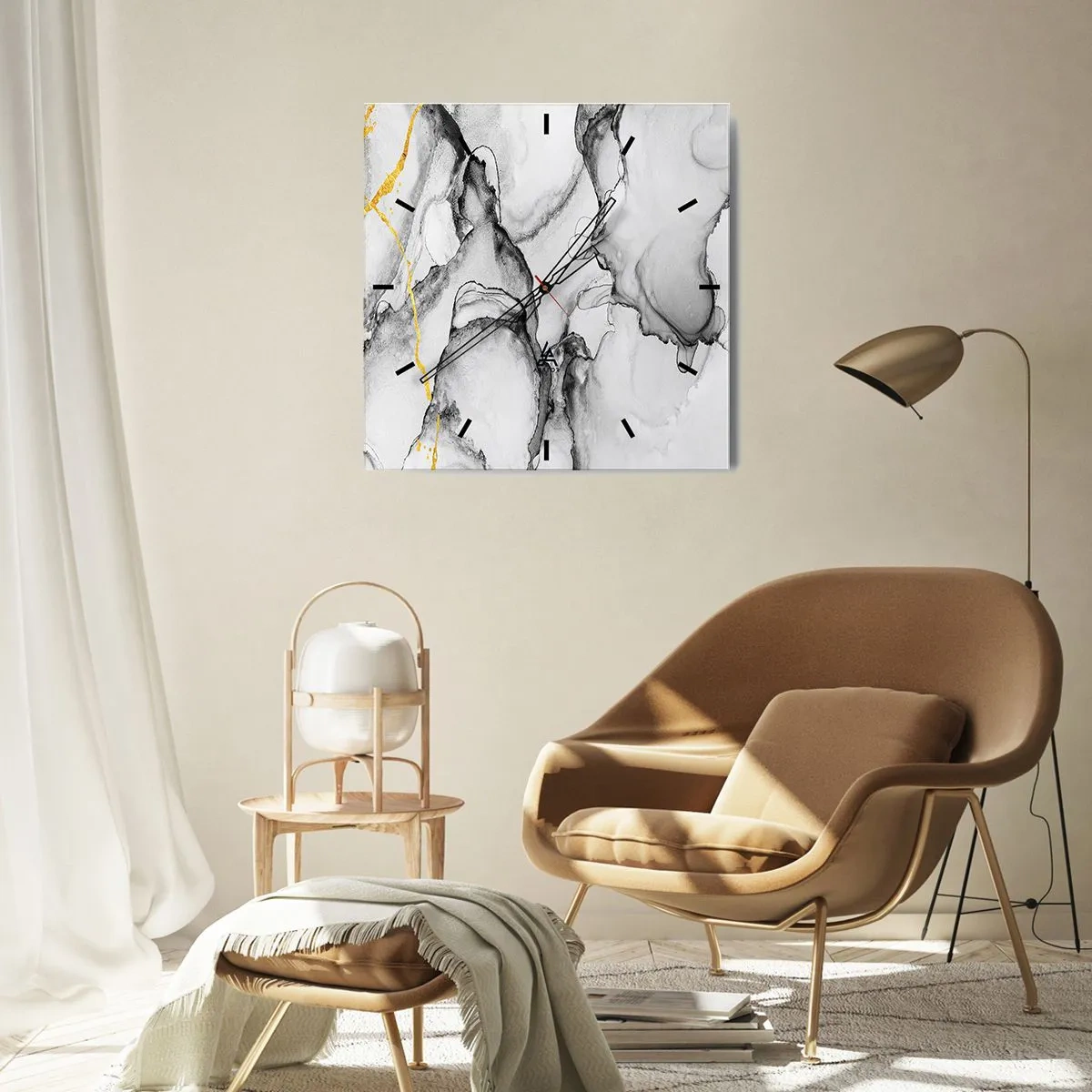 Relógio de parede - Relógio em vidro - Composição dourada - 30x30 cm