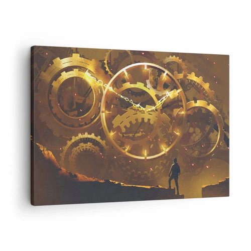 Quadro em tela - Engrenagens douradas em um cenário surreal com uma figura - 70x50cm - Na origem do tempo - Decoração de parede moderna para a sala de estar e quarto ARTTOR