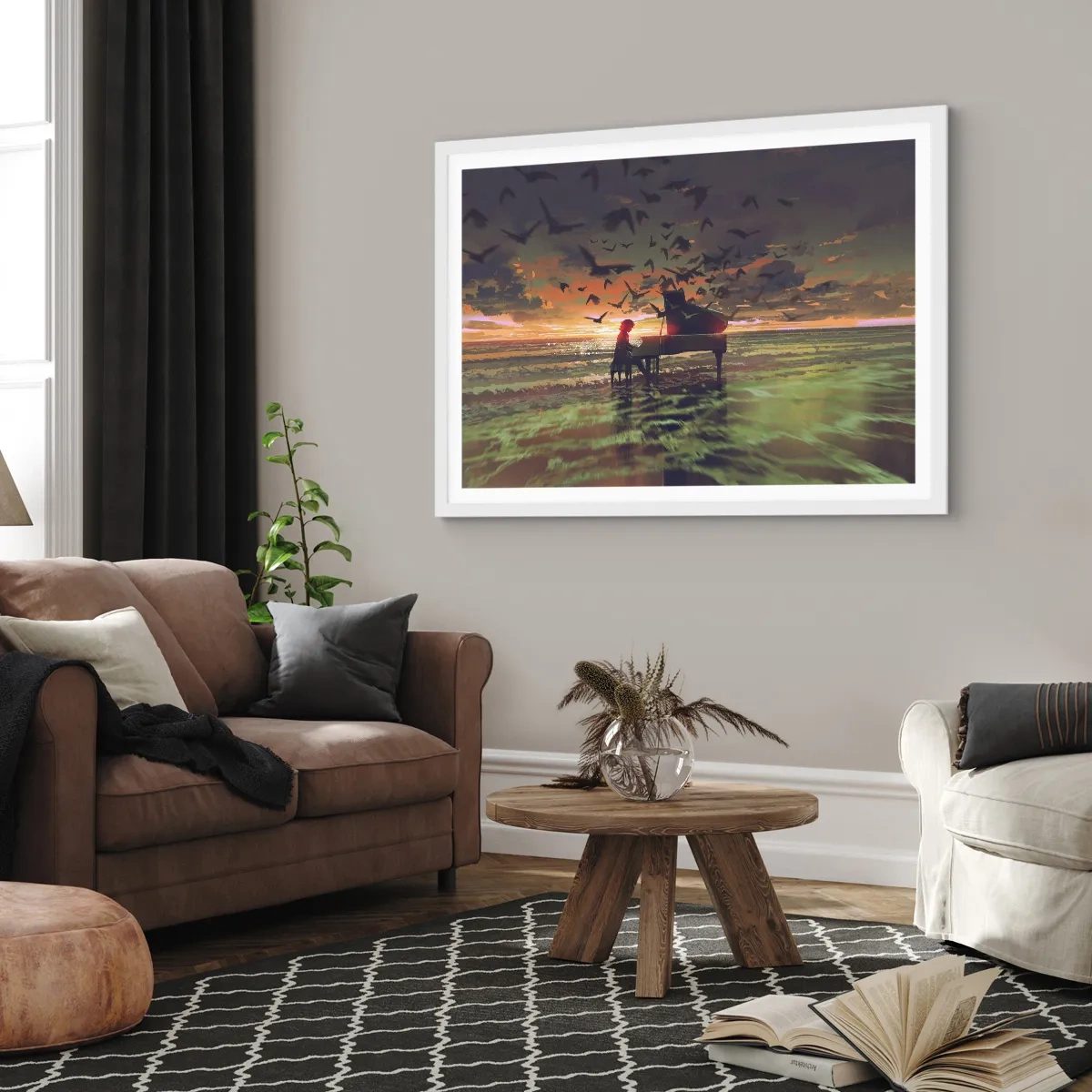 Pôster em moldura branca - Um concerto de piano e ondas - 91x61 cm