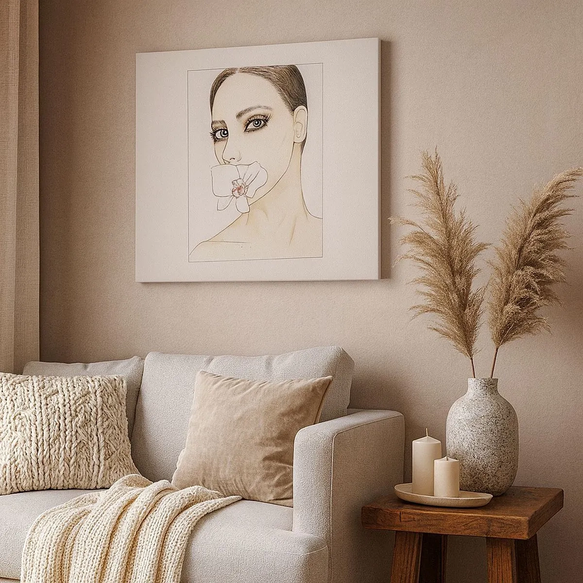 Quadro em tela - Retrato de uma mulher com uma orquídea em cores delicadas - 70x50cm - Símbolo de elegância e beleza - Decoração de parede moderna para a sala de estar e quarto ARTTOR