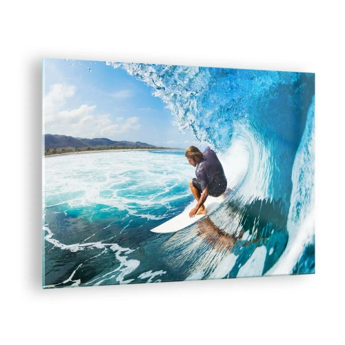 Quadro em vidro - Surfista em um túnel de água com o oceano ao fundo - 70x50cm - Dançando com as ondas - Decoração de parede moderna para a sala de estar e quarto ARTTOR