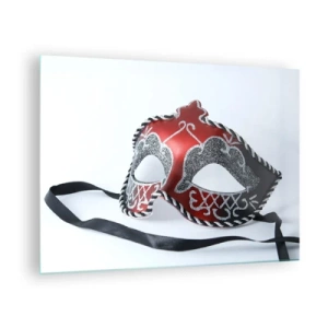 Quadro em vidro - Máscara de carnaval em vermelho e prata - 70x50cm - Convite para o baile - Decoração de parede moderna para a sala de estar e quarto ARTTOR