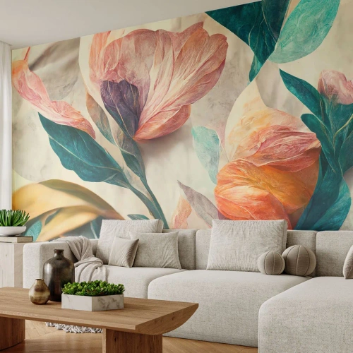 Papel de Parede Standard Eco - Flores exóticas em cores vibrantes e um ambiente tropical - 100x70cm - Flores das ilhas do sul - Decoração de parede moderna para a sala de estar e quarto ARTTOR