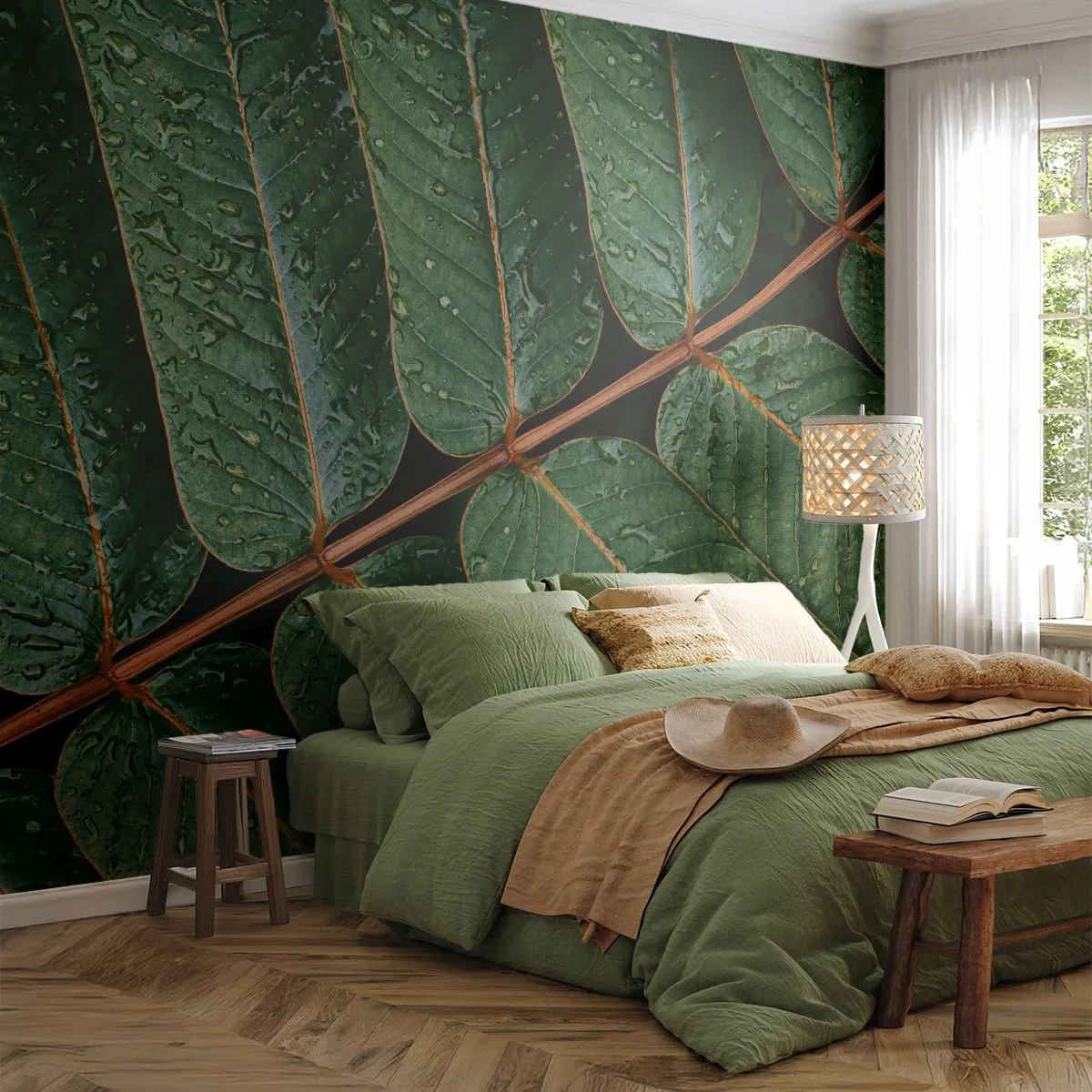 Papel de Parede Premium Sand - Num ritmo verde - Folhas verdes, Planta tropical, Pedaço - 100x70 cm