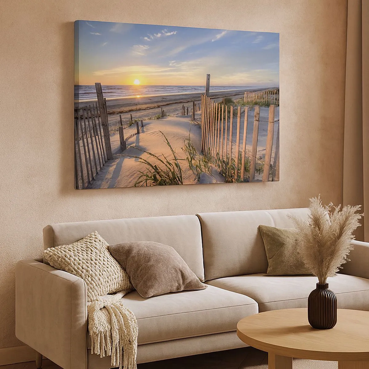 Quadro em tela - Praia do pôr do sol com cerca de madeira - 70x50cm - Brilho e sombra do vento - Decoração de parede moderna para a sala de estar e quarto ARTTOR