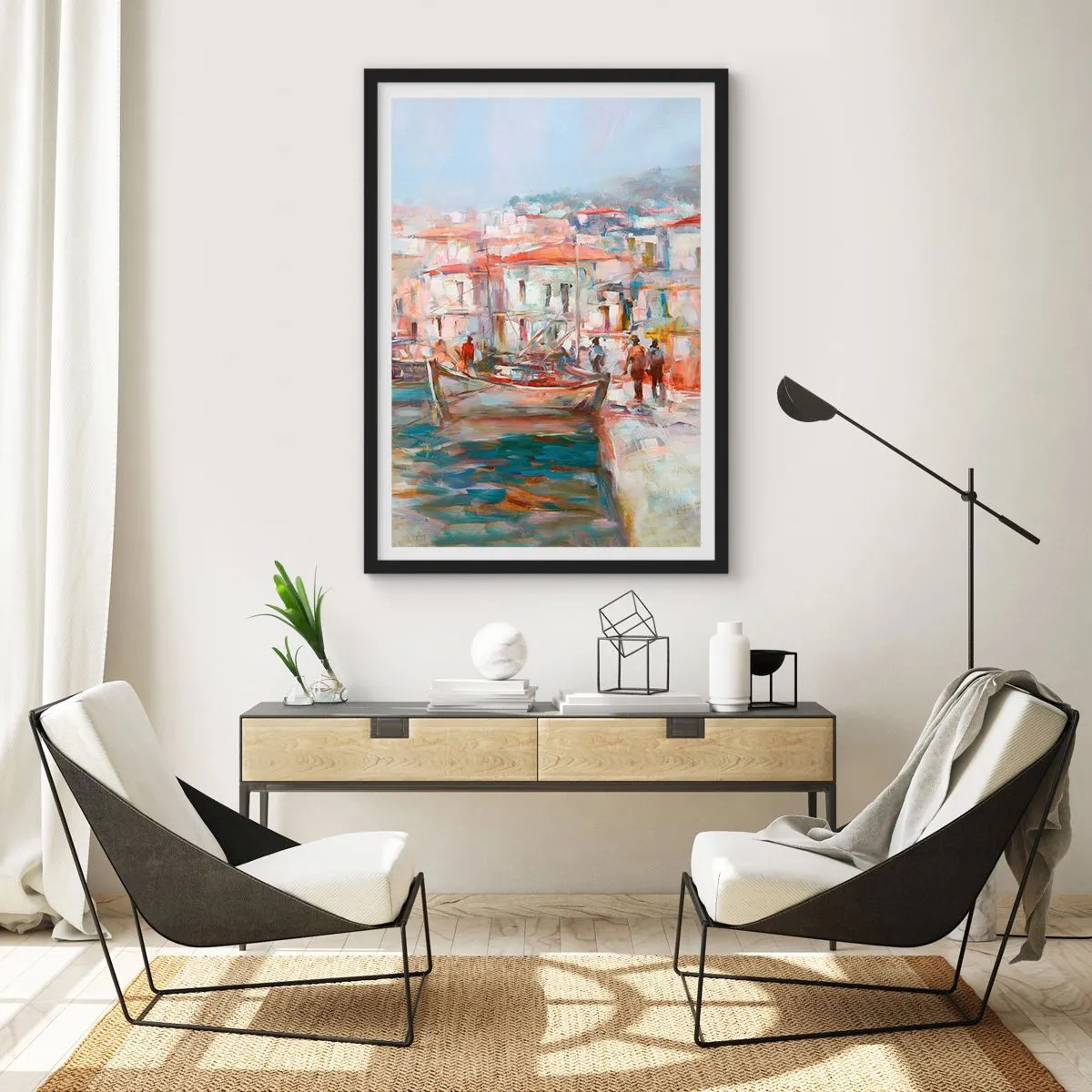 Pôster com moldura preta - Um porto pitoresco em cores pastel - 50x70cm - Férias em pastel - Decoração de parede moderna para a sala de estar e quarto ARTTOR