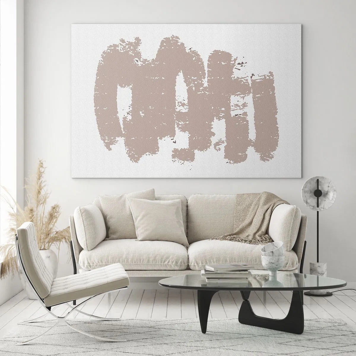 Quadro em vidro - Traços de tinta rosa em um fundo branco - 70x50cm - Abstração em rosa suave - Decoração de parede moderna para a sala de estar e quarto ARTTOR