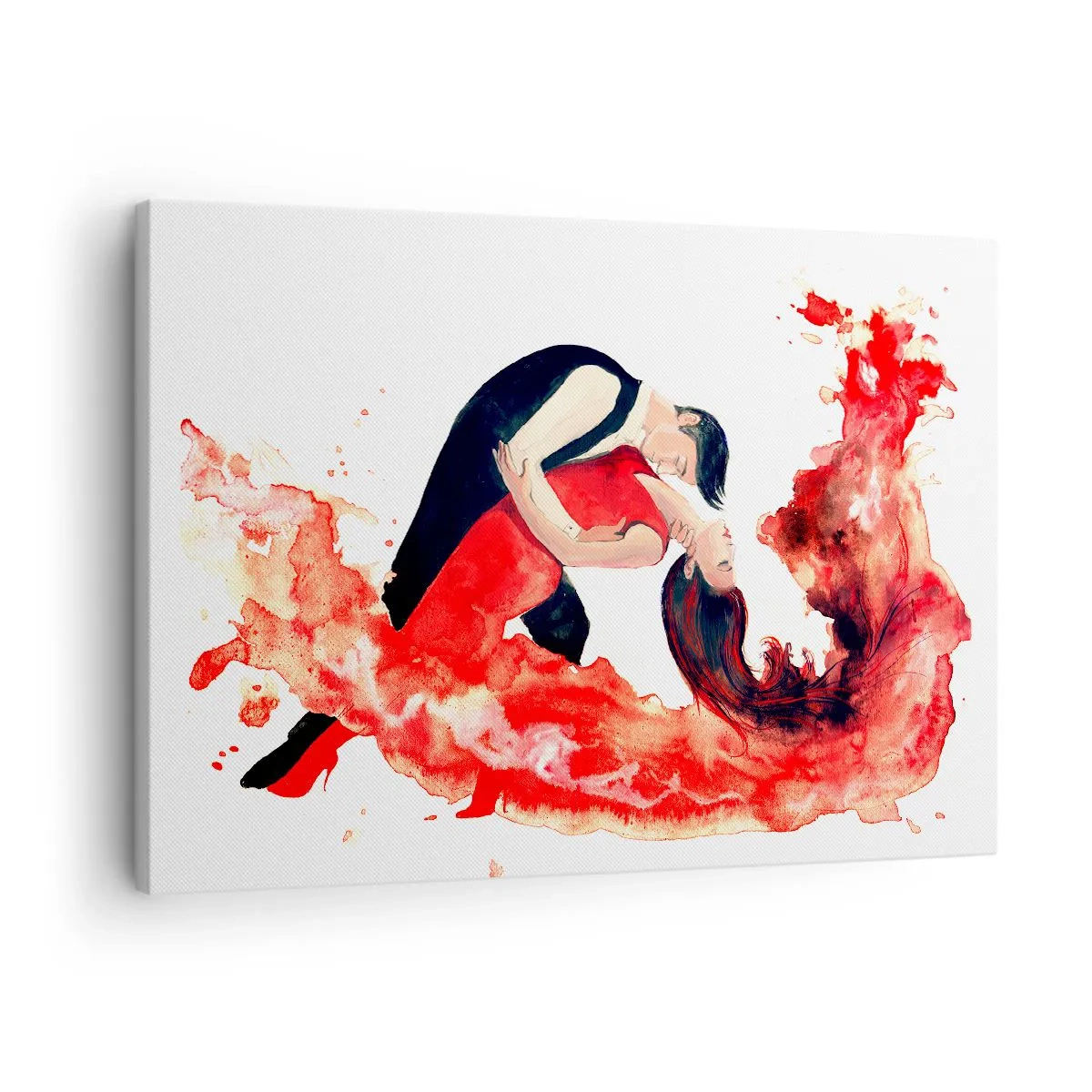 Quadro em tela - Uma pintura em aquarela dinâmica de um casal dançando em tons vermelhos. - 70x50cm - Tango - uma onda sensual - Decoração de parede moderna para a sala de estar e quarto ARTTOR