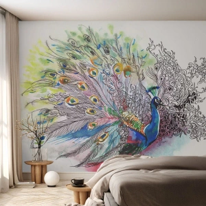 Papel de Parede Autocolante Deluxe Sticker - Contra o cinza com orgulho - Pássaro, Pavão, Penas - 150x105 cm