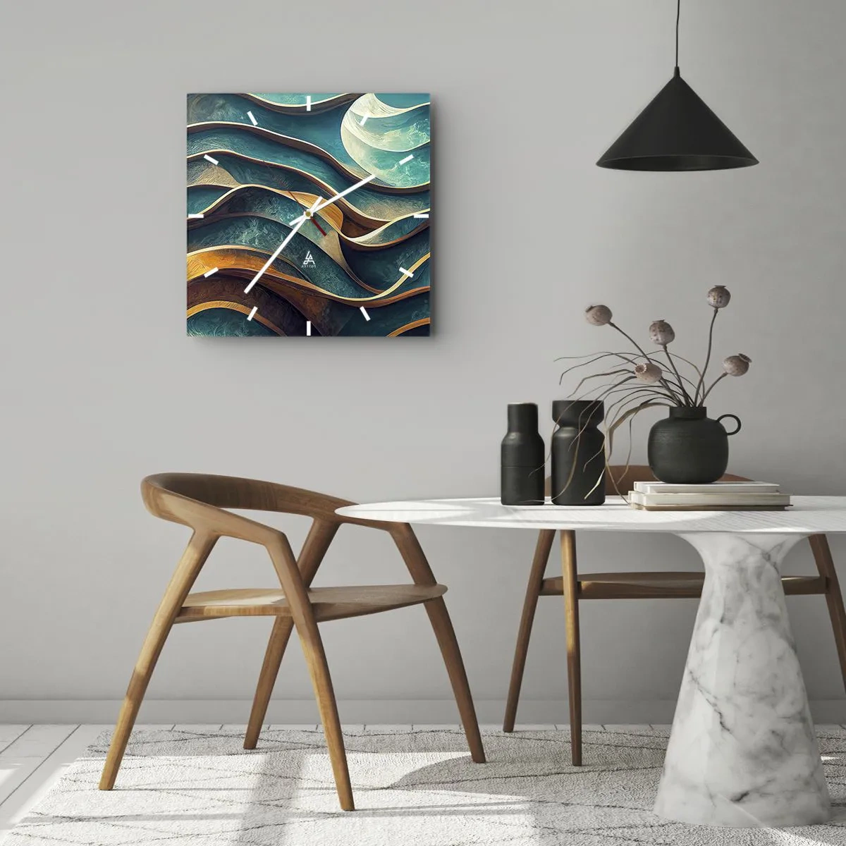 Relógio de parede - Relógio em vidro - Meandros de azul - 30x30 cm