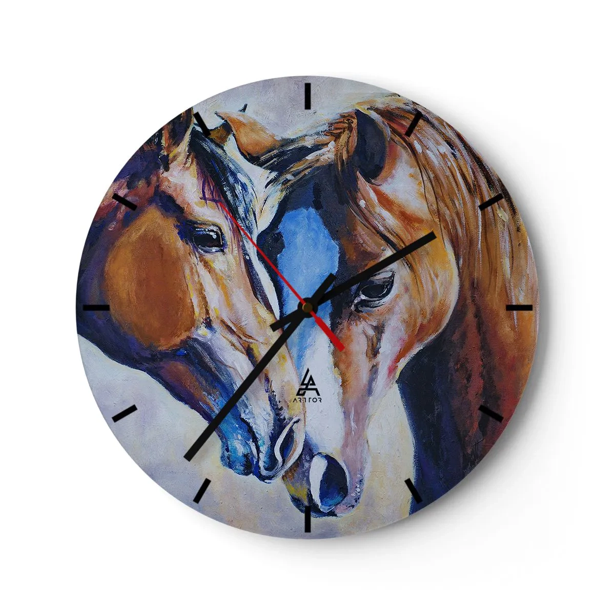 Relógio de parede - Relógio em vidro - Uma pintura de dois cavalos em estilo pictórico com cores vivas. - 30x30cm - Isso é amizade? Isso é amor? - Decoração de parede moderna para a sala de estar, cozinha e quarto ARTTOR