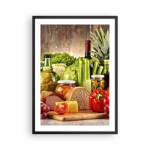 Pôster com moldura preta - Vegetais e produtos alimentícios coloridos em um fundo de madeira - 50x70cm - Defumados, cozidos, em conserva - Decoração de parede moderna para a sala de estar e quarto ARTTOR
