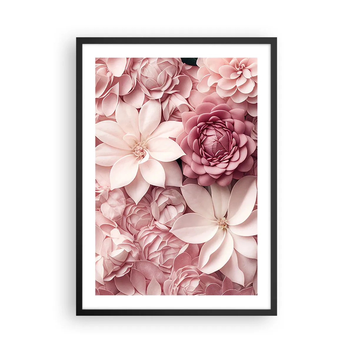 Pôster com moldura preta - Flores rosas em uma composição elegante - 50x70cm - Em pétalas rosa - Decoração de parede moderna para a sala de estar e quarto ARTTOR