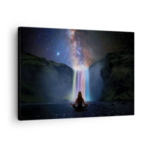 Quadro em tela - Meditação em frente a uma cachoeira entre as estrelas - 70x50cm - Harmonia absoluta - Decoração de parede moderna para a sala de estar e quarto ARTTOR