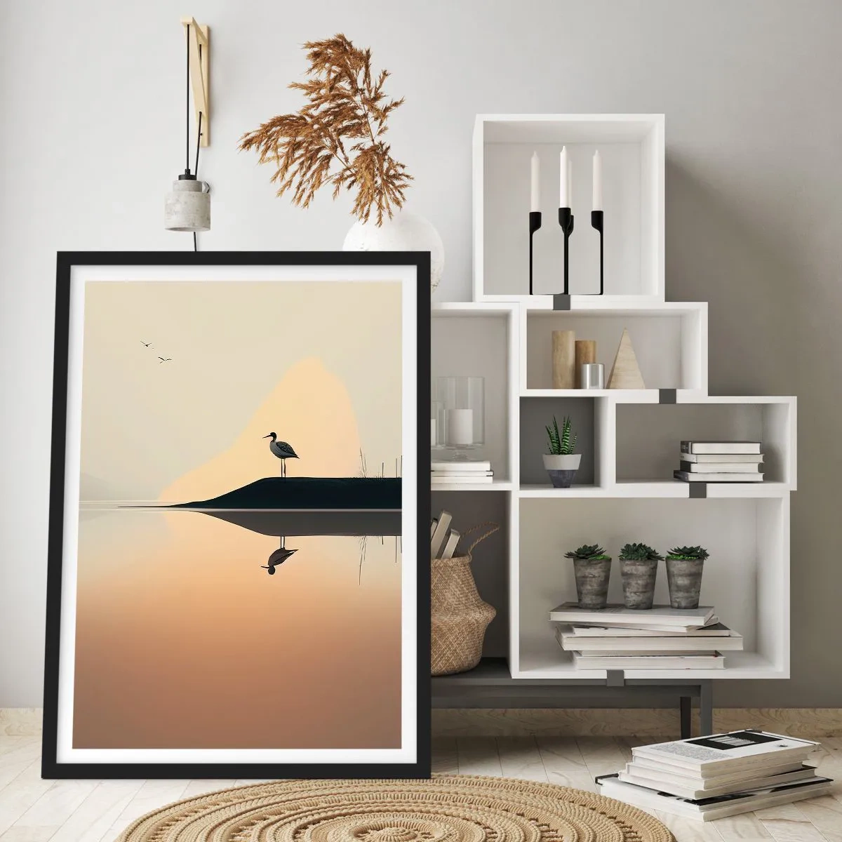Pôster com moldura preta - Uma cegonha parada na margem de um lago com seu reflexo na água - 50x70cm - Senhor no lago - Decoração de parede moderna para a sala de estar e quarto ARTTOR