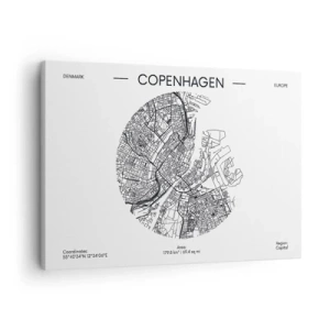 Quadro em tela - Um mapa de Copenhague em um estilo minimalista em preto e branco. - 70x50cm - Anatomia de Copenhague - Decoração de parede moderna para a sala de estar e quarto ARTTOR
