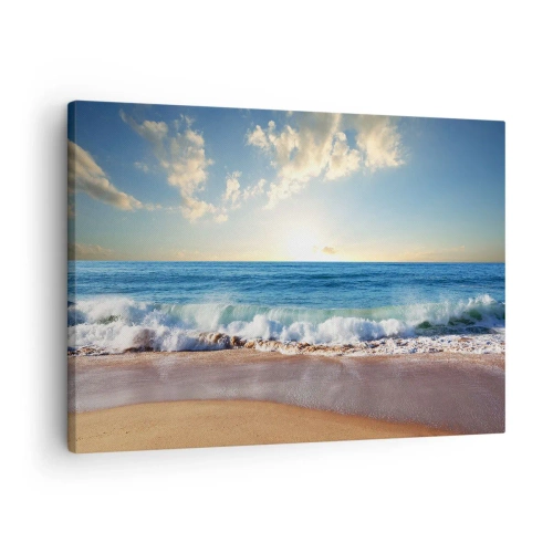 Quadro em tela - Uma praia ensolarada com ondas quebrando na costa - 70x50cm - Movimento e quietude ao mesmo tempo - Decoração de parede moderna para a sala de estar e quarto ARTTOR