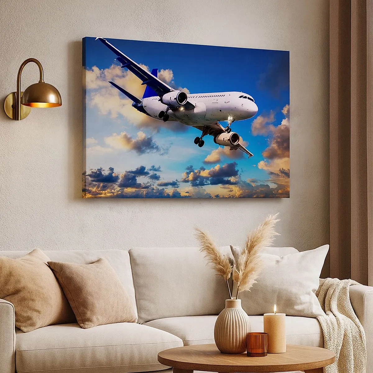 Quadro em tela - Um avião de passageiros contra as nuvens ao pôr do sol - 70x50cm - Viagem em branco e azul - Decoração de parede moderna para a sala de estar e quarto ARTTOR