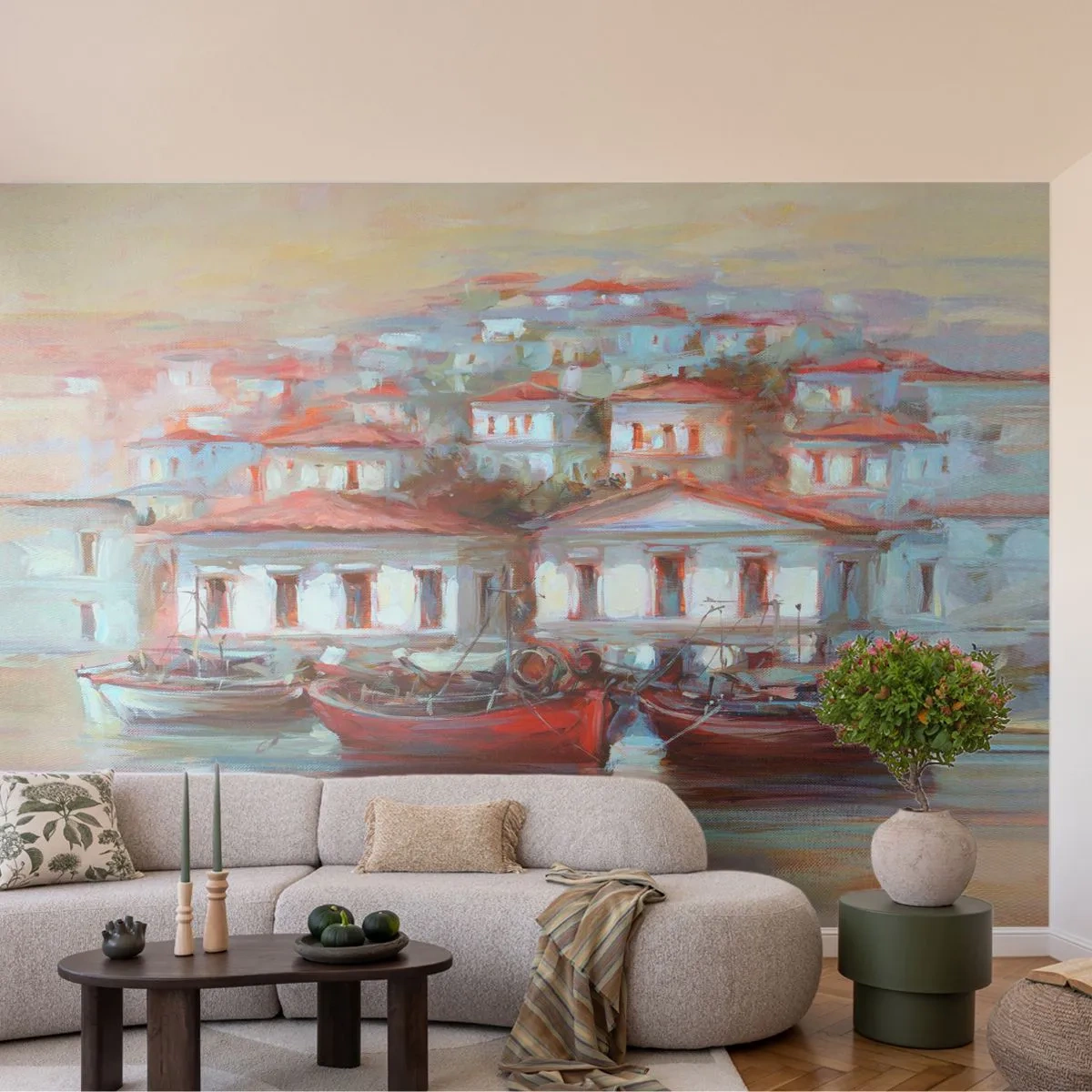 Papel de Parede Autocolante Deluxe Sticker - Cidade feliz - Arquitetura, Barco a vela, Porto - 250x175 cm