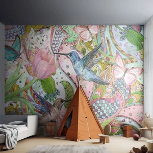 Papel de Parede Premium Sand - Emaranhados em trepadeiras - Flores, Pássaro, Borboleta - 400x280 cm