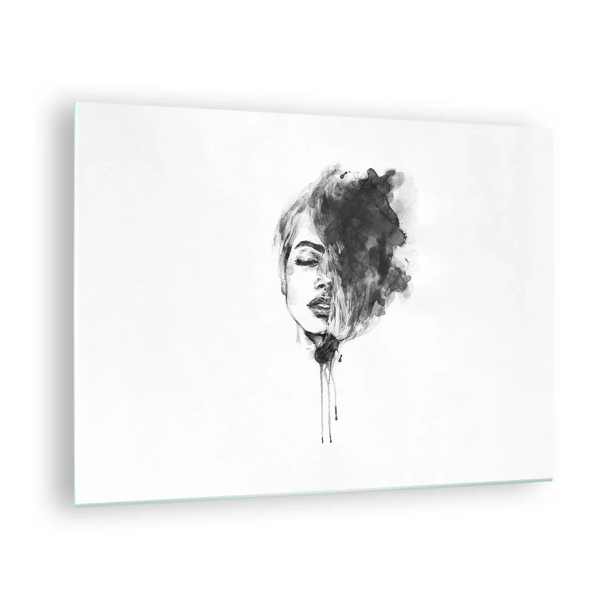 Quadro em vidro - Retrato em preto e branco de uma mulher com uma sombra abstrata - 70x50cm - O que sonha uma rapariga - Decoração de parede moderna para a sala de estar e quarto ARTTOR