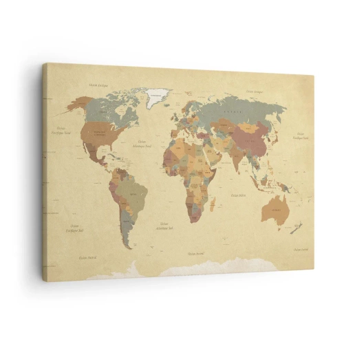 Quadro em tela - Um mapa-múndi estilizado em tons de bege e cores pastel. - 70x50cm - Para ti - o mundo todo - Decoração de parede moderna para a sala de estar e quarto ARTTOR
