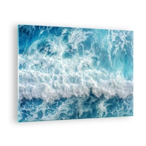 Quadro em vidro - Ondas azuis quebrando na costa - 70x50cm - Alegremente e aos saltos - Decoração de parede moderna para a sala de estar e quarto ARTTOR
