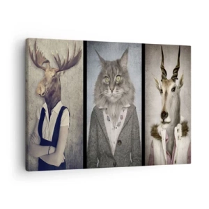 Quadro em tela - Um tríptico com figuras de animais em roupas elegantes sobre um fundo estilizado - 70x50cm - A pele animal está de volta à moda - Decoração de parede moderna para a sala de estar e quarto ARTTOR