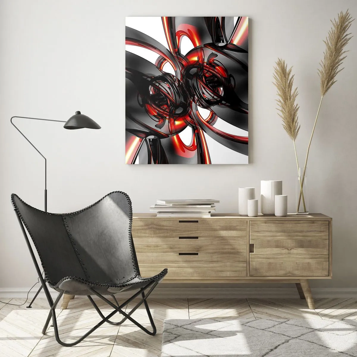 Quadro em vidro - Movimento em grafite e vermelho - 70x100 cm