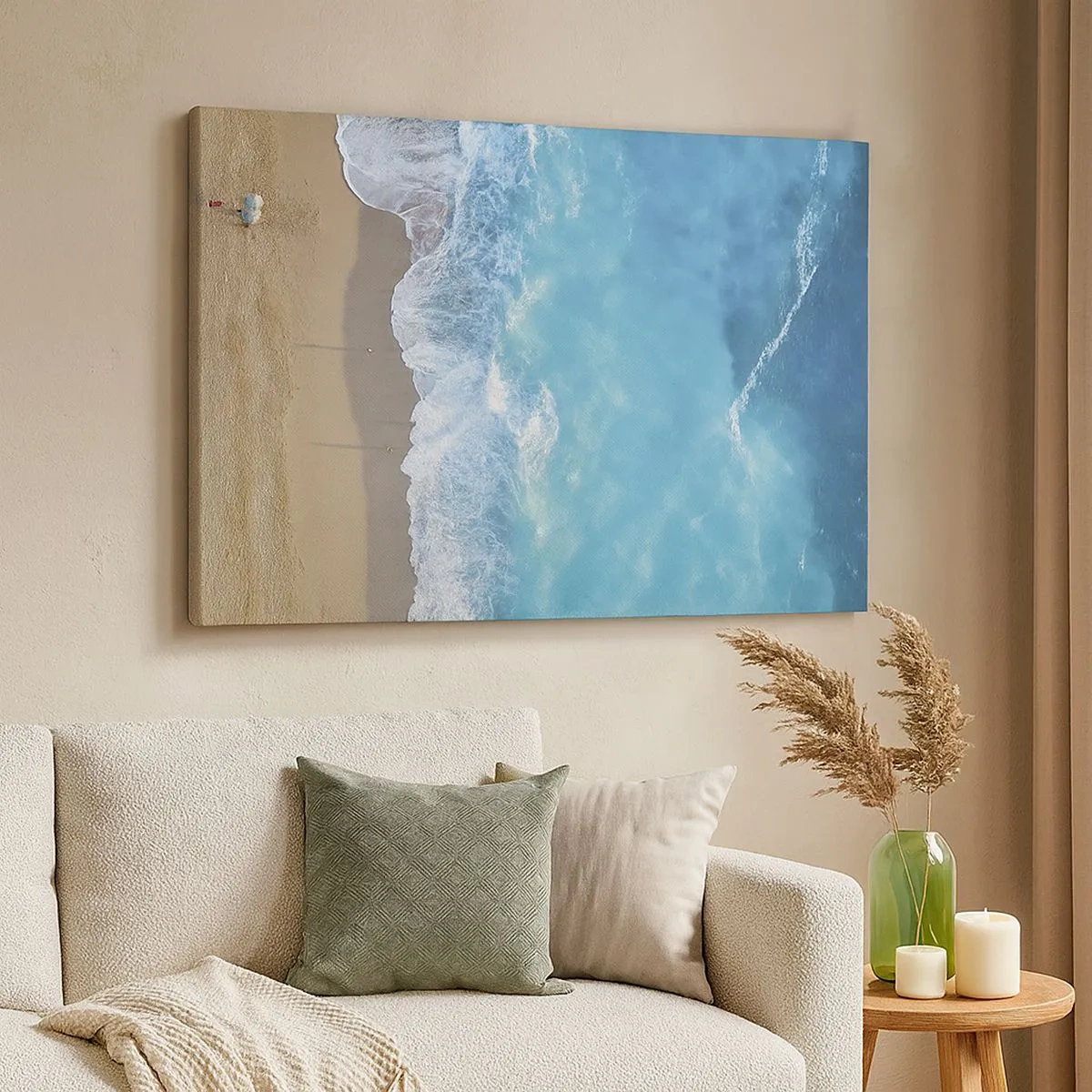 Quadro em tela - Uma vista aérea da praia e das ondas do mar - 70x50cm - O poder do azul - Decoração de parede moderna para a sala de estar e quarto ARTTOR