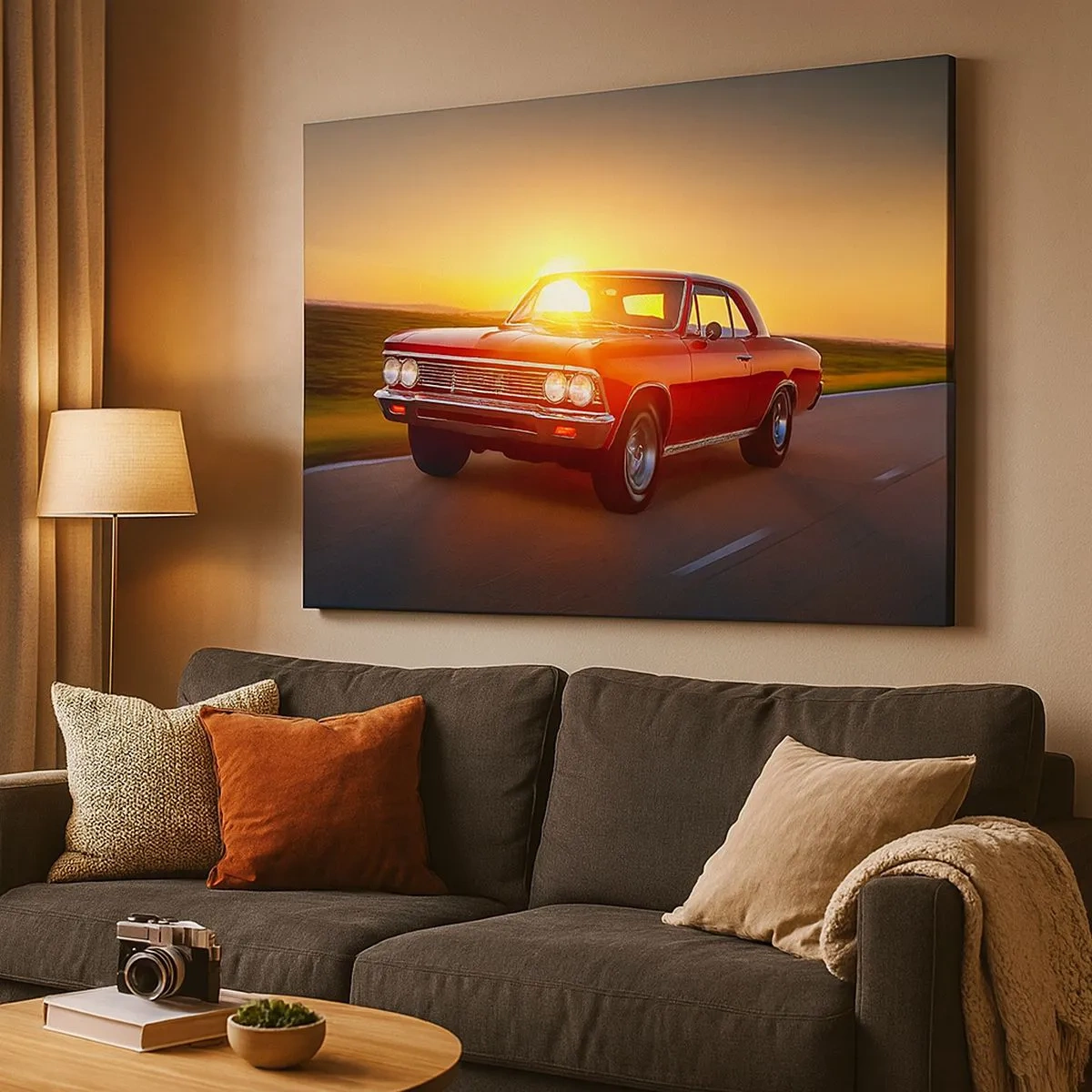 Quadro em tela - Um carro vermelho no pôr do sol em uma estrada aberta - 70x50cm - O desejo é vermelho - Decoração de parede moderna para a sala de estar e quarto ARTTOR
