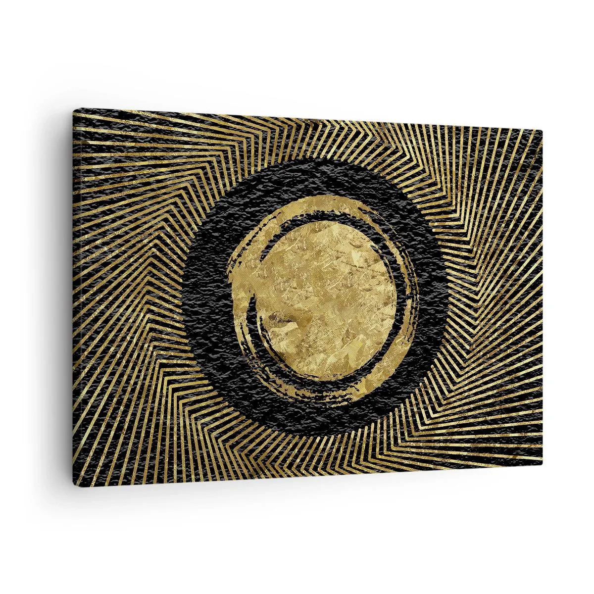 Quadro em tela - Composição geométrica em preto e dourado com raios - 70x50cm - Composição glamourosa - Decoração de parede moderna para a sala de estar e quarto ARTTOR