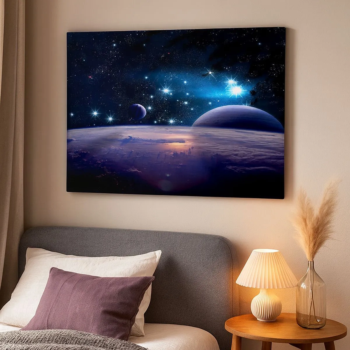Quadro em tela - Uma visão do espaço sideral com planetas e estrelas - 70x50cm - Ainda sozinhos? - Decoração de parede moderna para a sala de estar e quarto ARTTOR