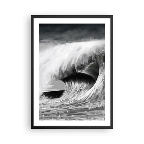 Pôster com moldura preta - Uma onda poderosa em tons de cinza - 50x70cm - A ira do oceano - Decoração de parede moderna para a sala de estar e quarto ARTTOR