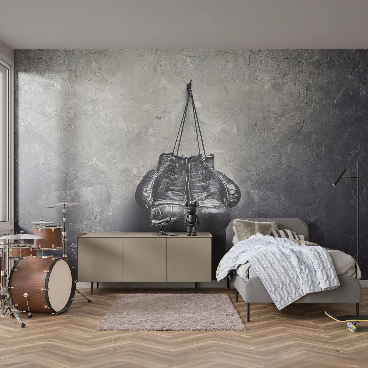 Papel de Parede Standard Eco - Luvas de boxe pretas penduradas na parede - 100x70cm - Tempo de luta e tempo de paz - Decoração de parede moderna para a sala de estar e quarto ARTTOR