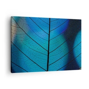 Quadro em tela - Close-up de uma folha azul com detalhes de nervuras visíveis - 70x50cm - Construção complexa - Decoração de parede moderna para a sala de estar e quarto ARTTOR