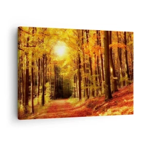Quadro em tela - Floresta de outono com raios de sol brilhando através das árvores - 70x50cm - Outono dourado na estrada da floresta - Decoração de parede moderna para a sala de estar e quarto ARTTOR