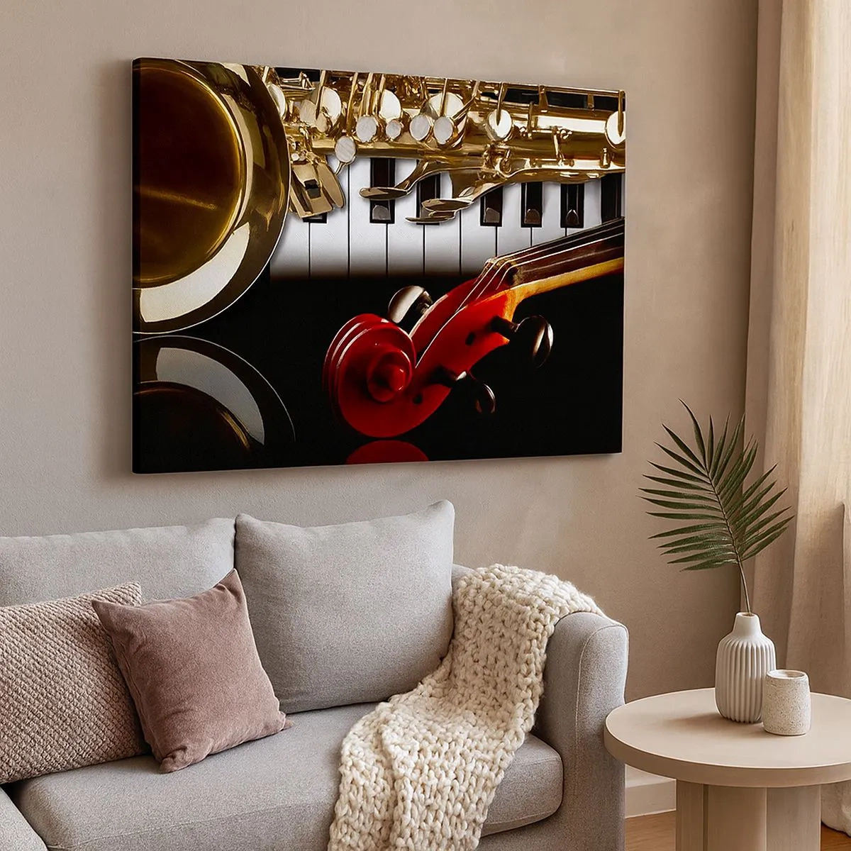 Quadro em tela - Um saxofone dourado, teclas de piano e um violino vermelho - 70x50cm - Metal, madeira e marfim - Decoração de parede moderna para a sala de estar e quarto ARTTOR