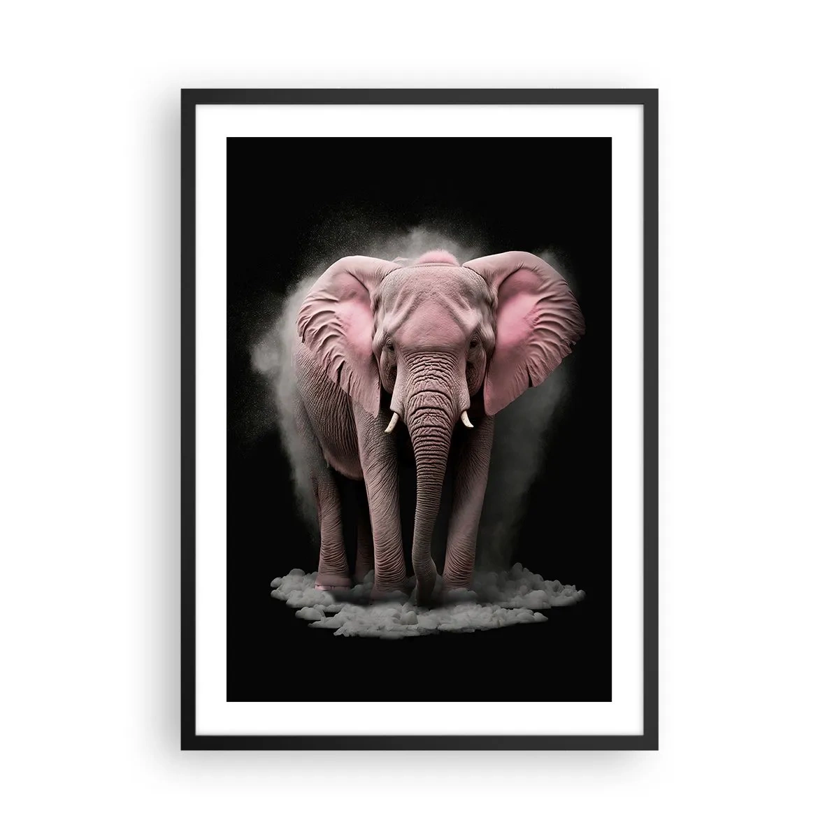 Pôster com moldura preta - Um elefante rosa em um espaço dinâmico e negro - 50x70cm - Não pense em um elefante rosa! - Decoração de parede moderna para a sala de estar e quarto ARTTOR