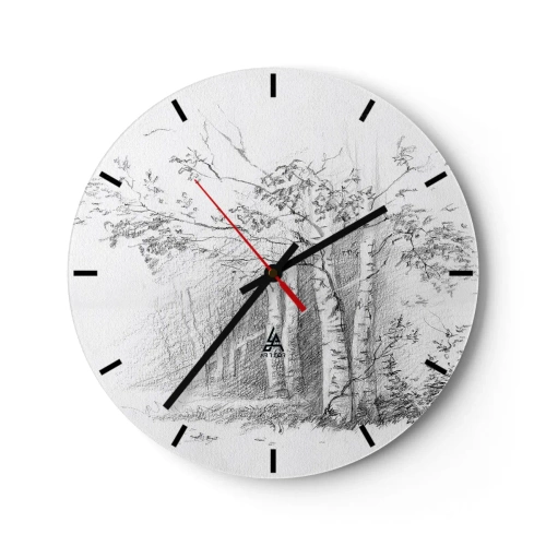Relógio de parede - Relógio em vidro - Um desenho a lápis de árvores em uma paisagem florestal - 30x30cm - Luz da floresta de bétulas - Decoração de parede moderna para a sala de estar, cozinha e quarto ARTTOR
