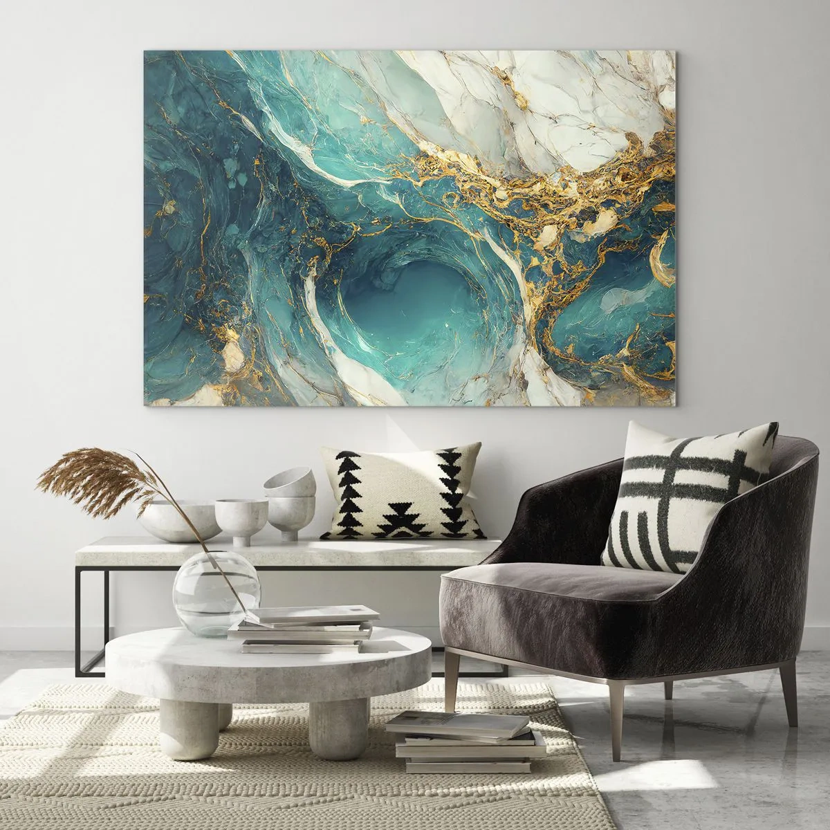 Quadro em vidro - Composição abstrata com veios turquesa e dourados - 70x50cm - Composição com veios d'ouro - Decoração de parede moderna para a sala de estar e quarto ARTTOR