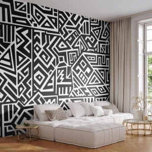 Papel de Parede Standard Eco - Composição pré-colombiana - Abstração, Pedaço, Preto e branco - 400x280 cm