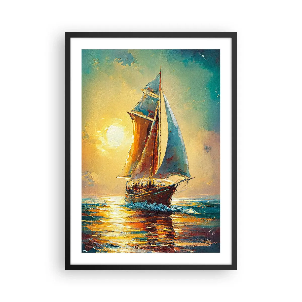 Pôster com moldura preta - Um veleiro tendo como pano de fundo um pôr do sol dourado - 50x70cm - A todo vapor - Decoração de parede moderna para a sala de estar e quarto ARTTOR
