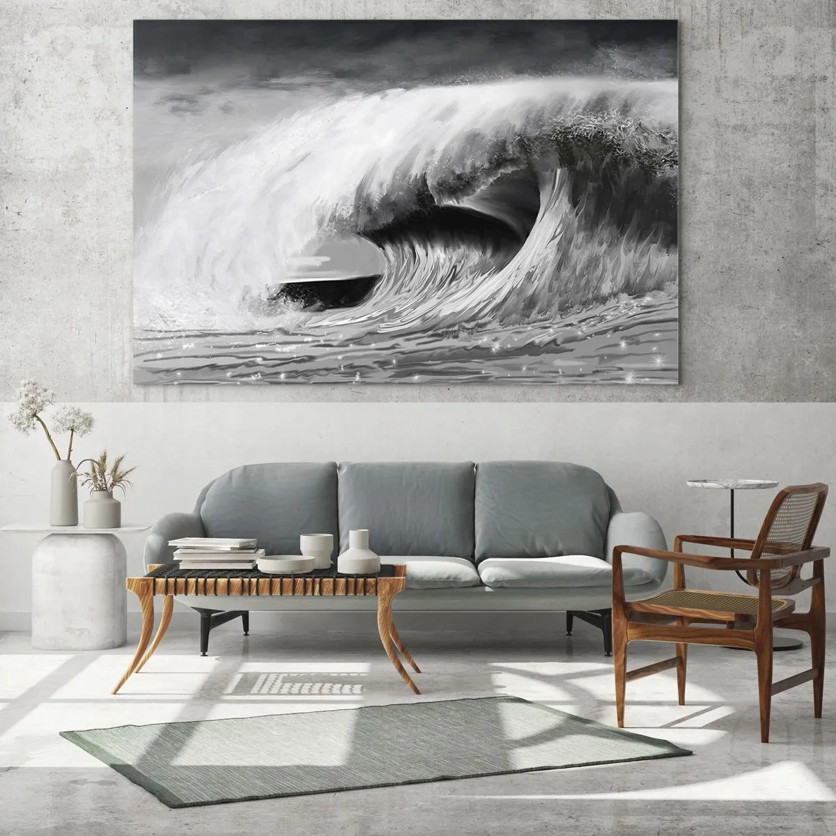 Quadro em vidro - Uma onda poderosa capturada em uma estética em preto e branco - 70x50cm - A ira do oceano - Decoração de parede moderna para a sala de estar e quarto ARTTOR