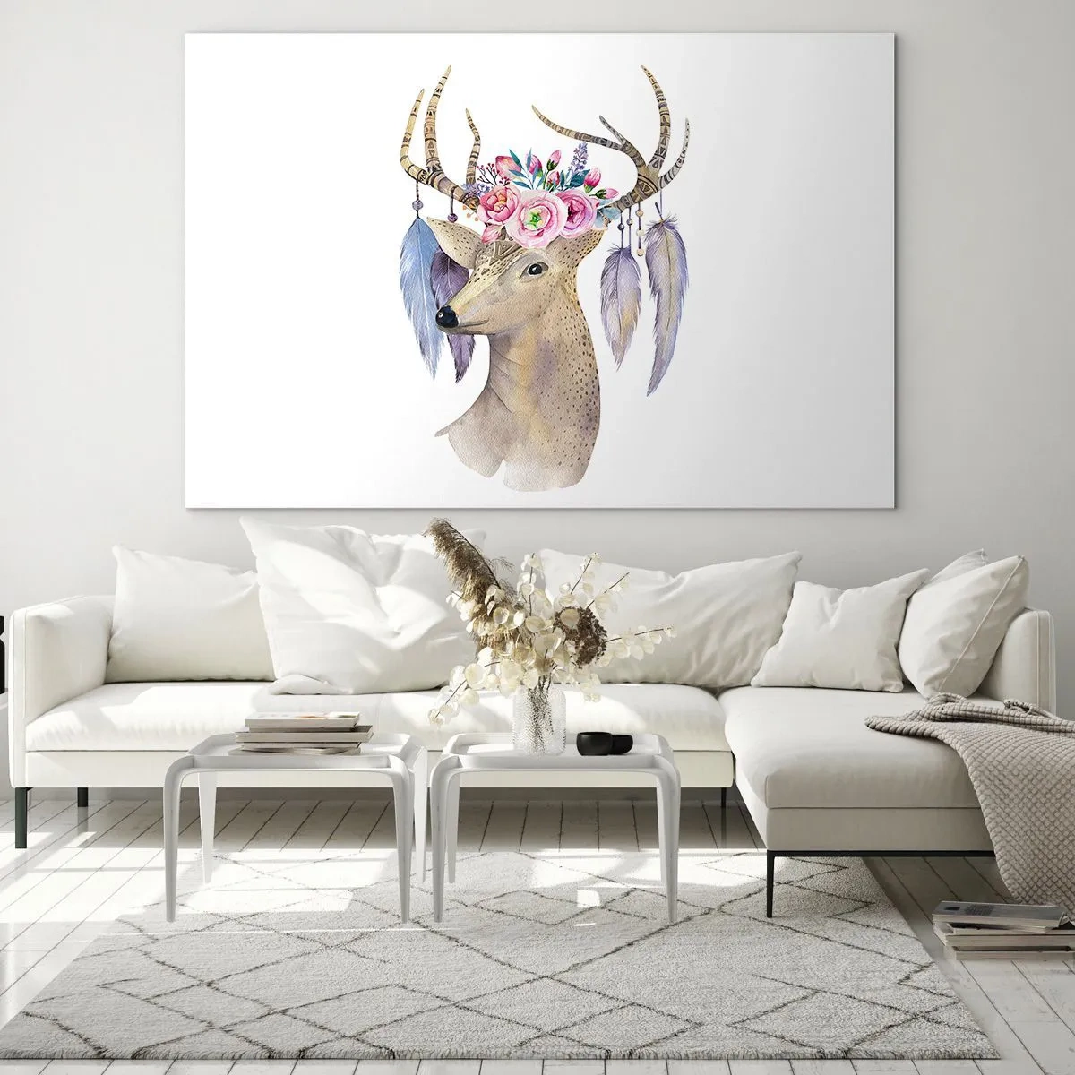 Quadro em vidro - Veado com coroa de flores e penas - 70x50cm - Guia da alma - delicado, inocente - Decoração de parede moderna para a sala de estar e quarto ARTTOR